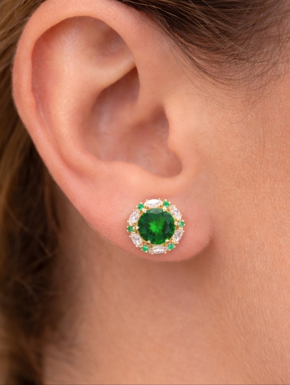 14K Yellow Gold Earrings Green Emerald Marquise Created Diamond Studs